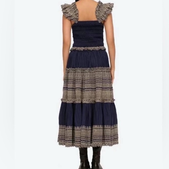 Sea New York Marley Navy Organic Cotton Pleated Tiered Eyelet Lace Midi Dress M - Picture 2 of 11